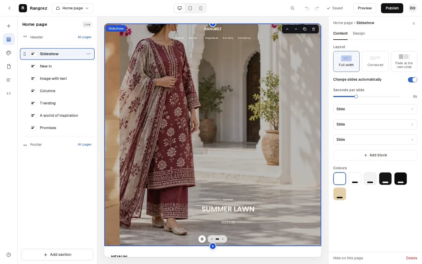 The website editor with a fashion store's home page open: sections on the left, the live page in the middle and the selected section's settings on the right