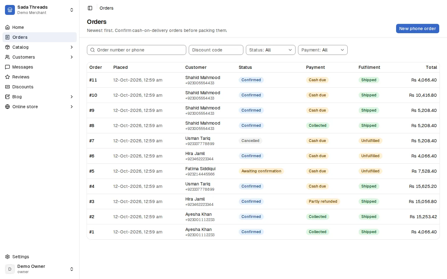 The orders screen of a store's dashboard, with payment and delivery status for each order